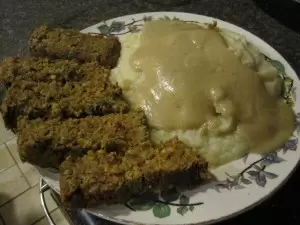 Lentil loaf, mashed cauliflower, and golden gravy
