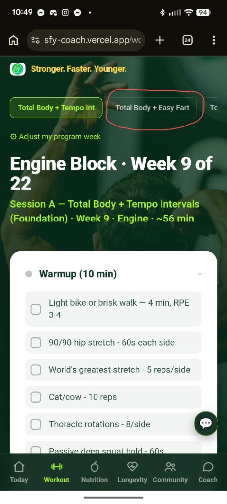 App screenshot: workout picker showing a button truncated to "Total Body + Easy Fart" with a red circle around it